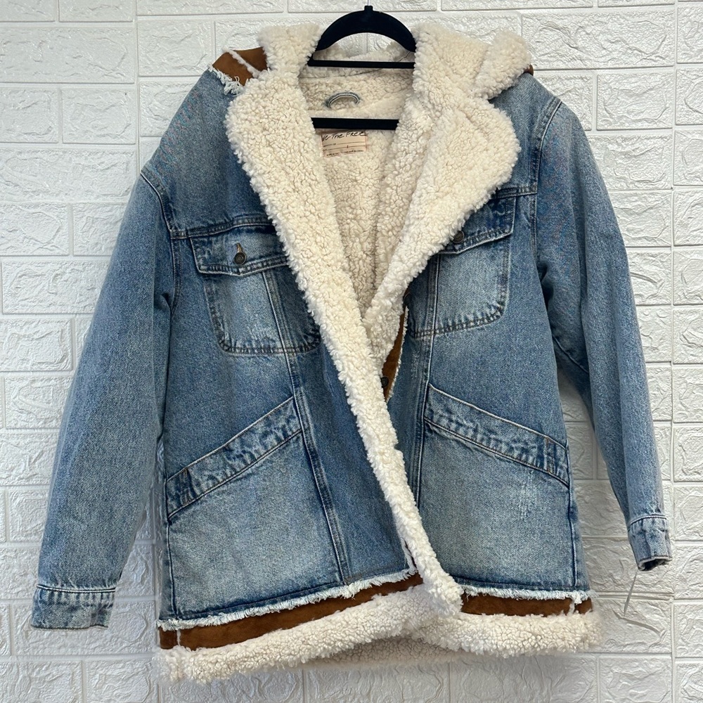 Free People Blue Jean Jacket with Cream Lining